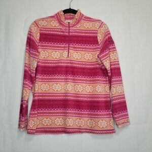 LL Bean 1/4 Zip Fair isle Fleece Pullover pink size L Sleeve Pocket Snowflake